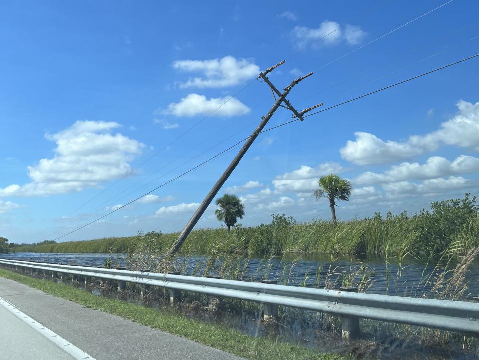 Signs of flooding and damage in the Everglades about 30 miles outside Naples, Florida