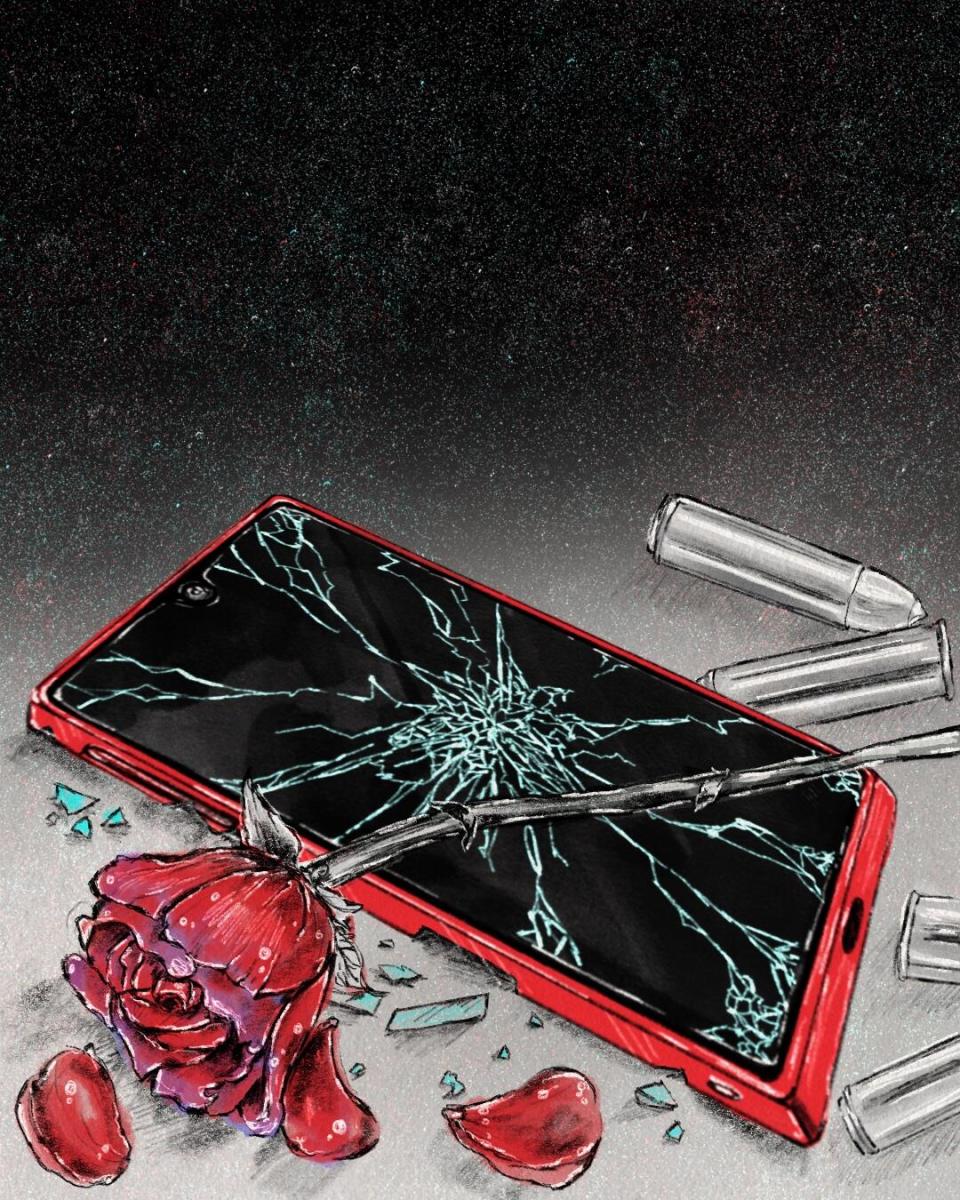 The final illustration in the series is of a shattered cellphone