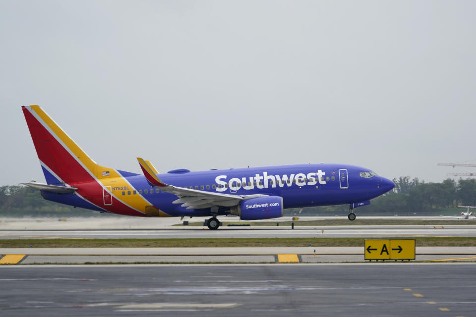 FILE - In this April 20, 2021 file photo, a Southwest Airlines Boeing 737 passenger plane takes off from Fort Lauderdale-Hollywood International Airport in Fort Lauderdale, Fla. Thanks to strong passenger traffic over the winter holidays, Southwest Airlines is reporting a $68 million profit for the fourth quarter. Southwest said Thursday, Jan. 27, 2022 it was the airline's first profit without federal pandemic aid since late 2019. (AP Photo/Wilfredo Lee)