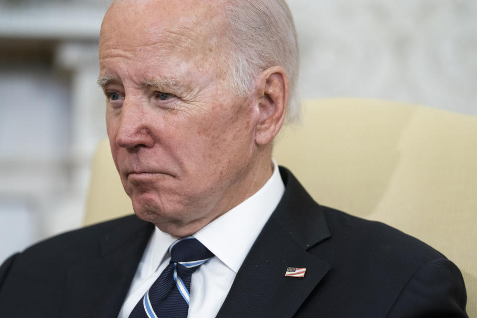 FILE - President Joe Biden listens as Japanese Prime Minister Fumio Kishida speaks during a meeting in the Oval Office of the White House, Friday, Jan. 13, 2023, in Washington. Lawyers for Biden found more classified documents at his home in Wilmington, Delaware, than previously known, the White House acknowledged Saturday, Jan. 14. (AP Photo/Evan Vucci, File)