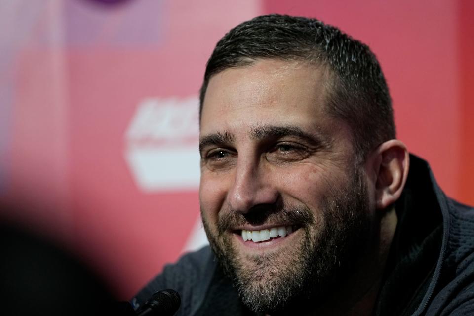 Philadelphia eagles head coach Nick Sirianni speaks to the media during the NFL football Super Bowl 57 opening night, Monday, Feb. 6, 2023, in Phoenix. The Kansas City Chiefs will play the Philadelphia Eagles on Sunday. (AP Photo/David J. Philip)