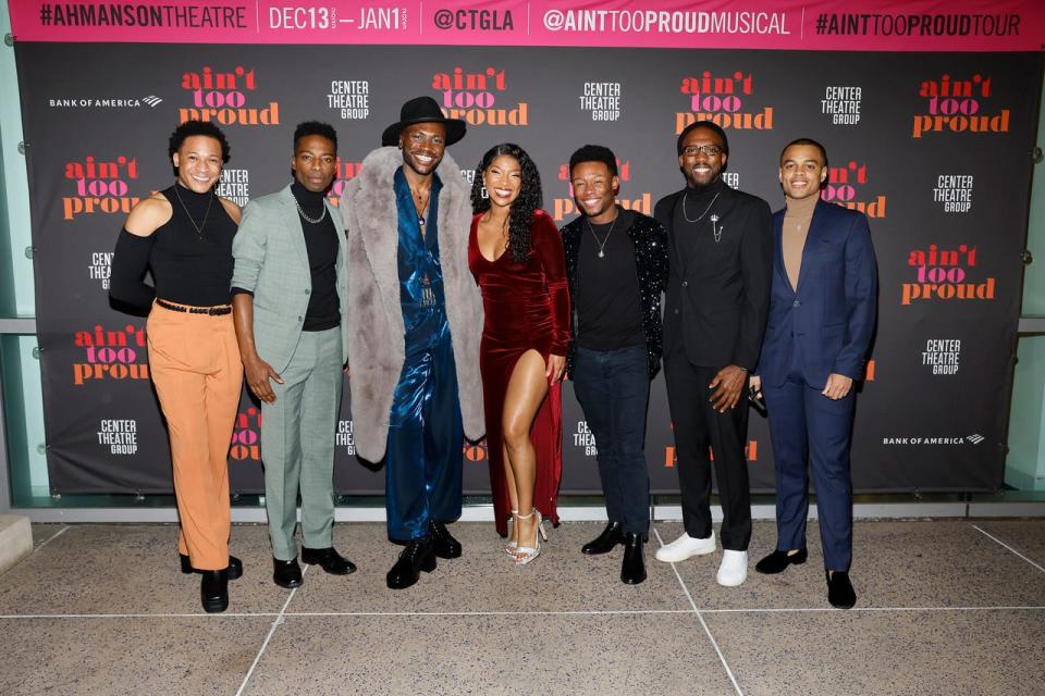 The company of “Ain't Too Proud – The Life and Times of The Temptations” arrive at the opening night of “Ain't Too Proud – The Life and Times of The Temptations” at Center Theatre Group/Ahmanson Theatre on Dec. 15, 2022 in Los Angeles, California. Waverly graduate Devin Jackson-Price is far left.