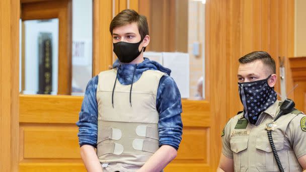 PHOTO: In this Nov. 23, 2021, file photo, Willard Noble Chaiden Miller is escorted into a bond review hearing at the Jefferson County Courthouse in Fairfield, Iowa. (Zach Boyden-Holmes/The Register via USA Today Network, FILE)