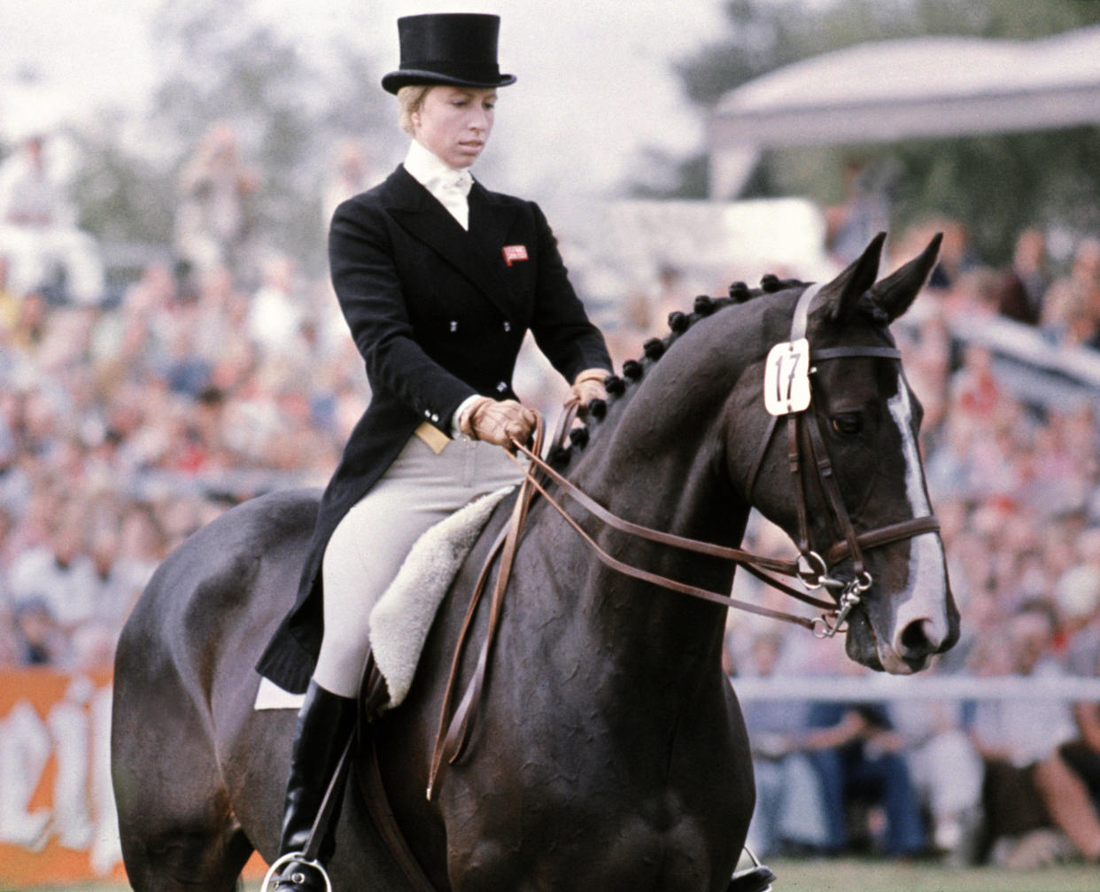 GERMANY - JANUARY 1:  Britain's Princess Anne rides her horse "Goodwill" during the dressage part of the European three-day Championship in Luhmuelen (Lower Saxony), in which she is taking part as a member of the British team, 08 September 1975.  (Photo credit should read AFP/AFP via Getty Images)