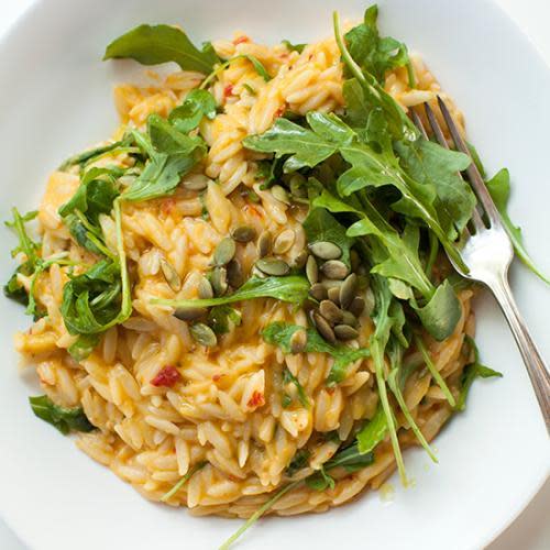 Spicy Cheddar and Pumpkin Orzo with Arugula Top this comforting pasta with fresh peppery greens. Try the Spicy Cheddar and Pumpkin Orzo with Arugula recipe.