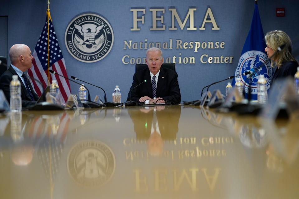 President Joe Biden participates in a briefing on the upcoming Atlantic hurricane season, at FEMA headquarters, Monday, May 24, 2021, in Washington.