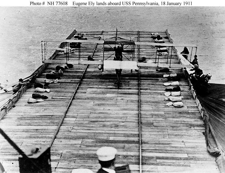 First landing of an airplane on a ship, January 18, 1911. (Naval History and Heritage Command Photograph)