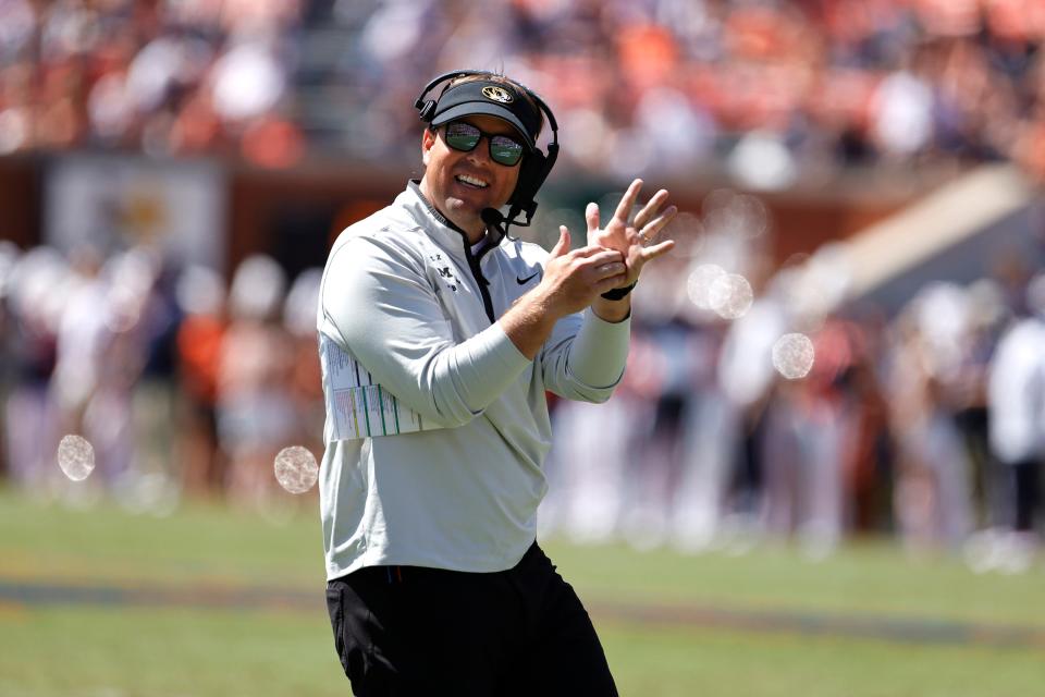 Missouri head coach Eli Drinkwitz calls a timeout during the second quarter against Auburn on Saturday at Jordan-Hare Stadium in Auburn, Ala.