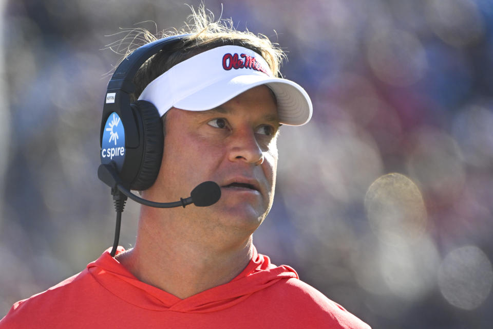 Mississippi coach Lane Kiffin looks on during the first half of an NCAA college football game against Vanderbilt, Saturday, Oct. 8, 2022, in Nashville, Tenn. (AP Photo/John Amis)