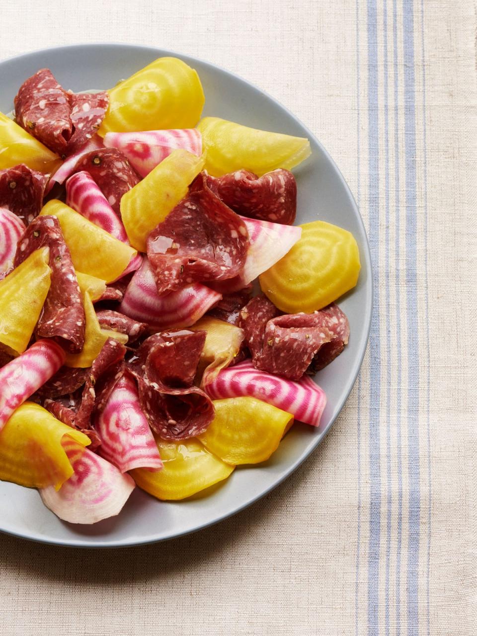 Venison salami and two types of heritage beetroot (Joe Woodhouse)