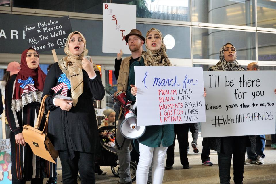 Demonstrators against President Donald Trump's Muslim Ban come together at Los Angeles International Airport, in Los Angeles, California, United States on February 4, 2017.