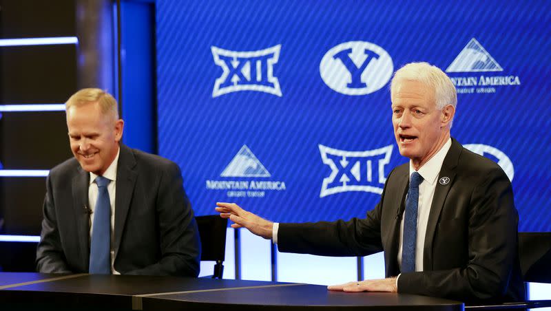 BYU president Kevin Worthen, right, and athletic director Tom Holmoe announced that BYU has accepted an invitation to the Big 12 Conference in Provo on Sept. 10, 2021.