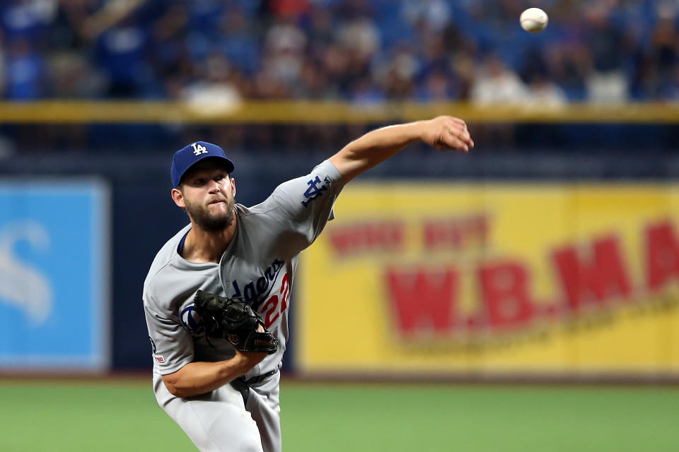 ST. PETERSBURG, FL - MAY 21: Clayton Kershaw (22) of the Dodgers delivers a pitch to the plate during the MLB regular season game between the Los Angeles Dodgers and the Tampa Bay Rays on May 21, 2019, at Tropicana Field in St. Petersburg, FL. (Photo by Cliff Welch/Icon Sportswire via Getty Images)