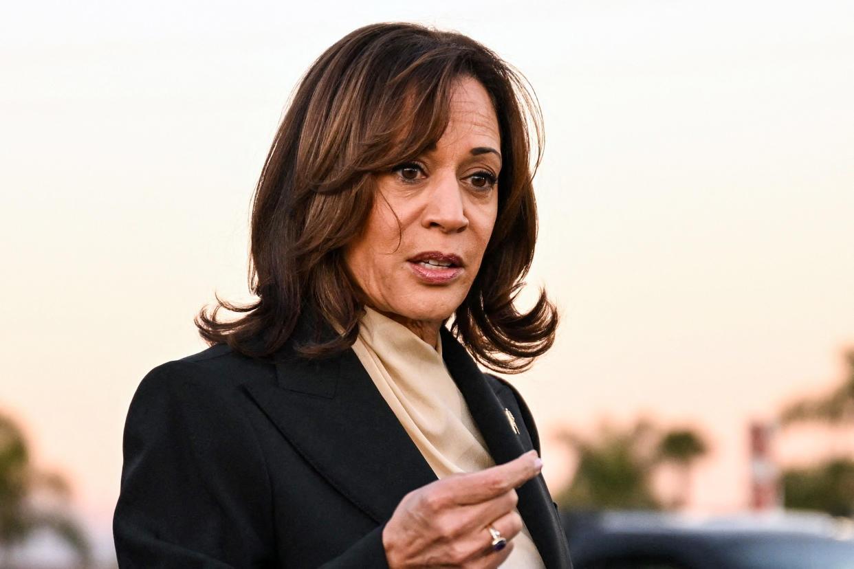 Vice President Kamala Harris speaks after paying tribute to the victims of the mass shooting in Monterey Park, Calif., Jan. 25, 2022. (Patrick T. Fallon / AFP - Getty Images)