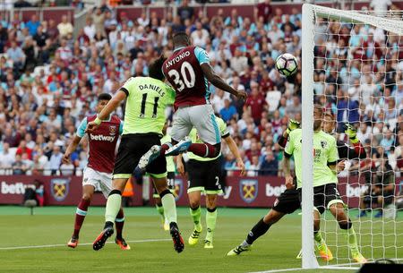 Britain Soccer Football - West Ham United v AFC Bournemouth - Premier League - London Stadium - 21/8/16 West Ham United's Michail Antonio scores their first goal Action Images via Reuters / Carl Recine Livepic EDITORIAL USE ONLY.
