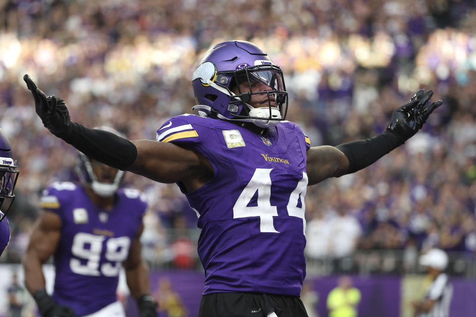 Minnesota Vikings safety Josh Metellus (44) reacts after a tackle during the second half of an NFL football game against the New Orleans Saints Sunday, Nov. 12, 2023, in Minneapolis. (AP Photo/Matt Krohn)