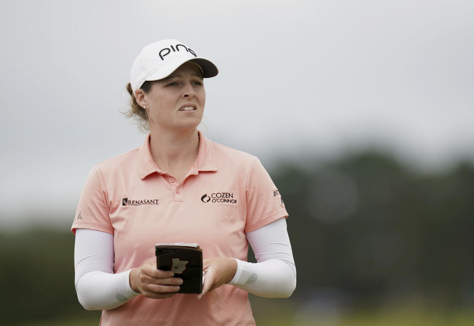 Ally Ewing of the USA on the 18th fairway during day two of the 2023 AIG Women's Open at Walton Heath, in Surrey, England, Friday Aug. 11, 2023. (John Walton/PA via AP)