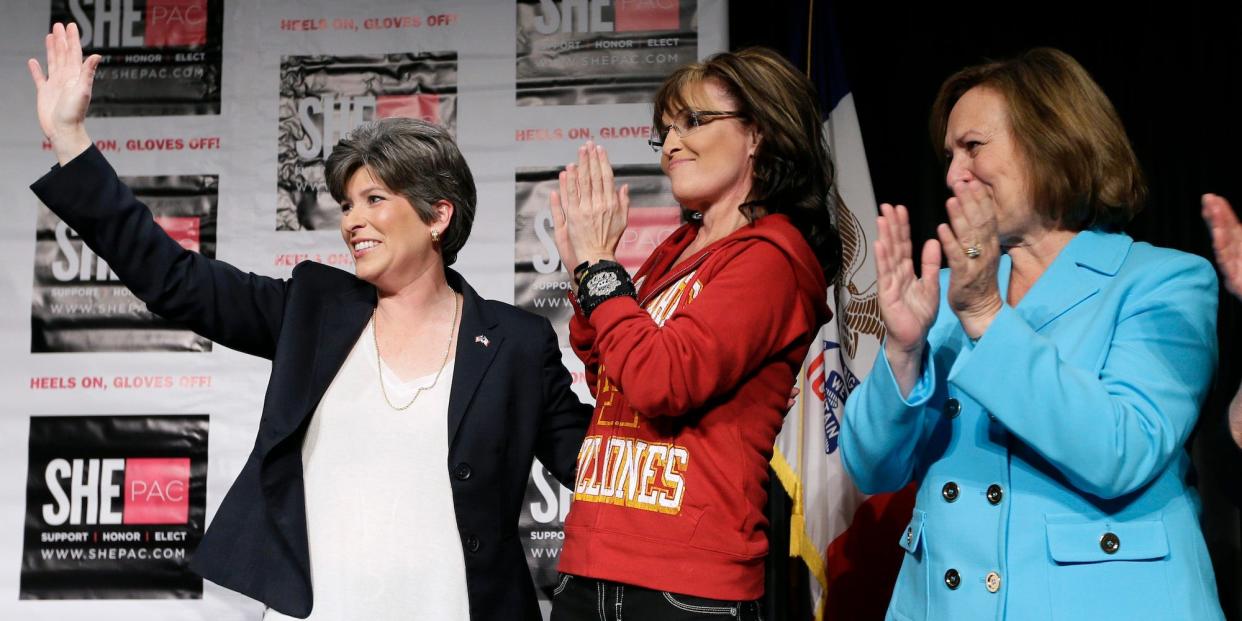 Sarah Palin campaigns with now-Sens. Joni Ernst of Iowa and Deb. Fischer of Nebraska at an event in West Des Moines, Iowa on April 27, 2014.