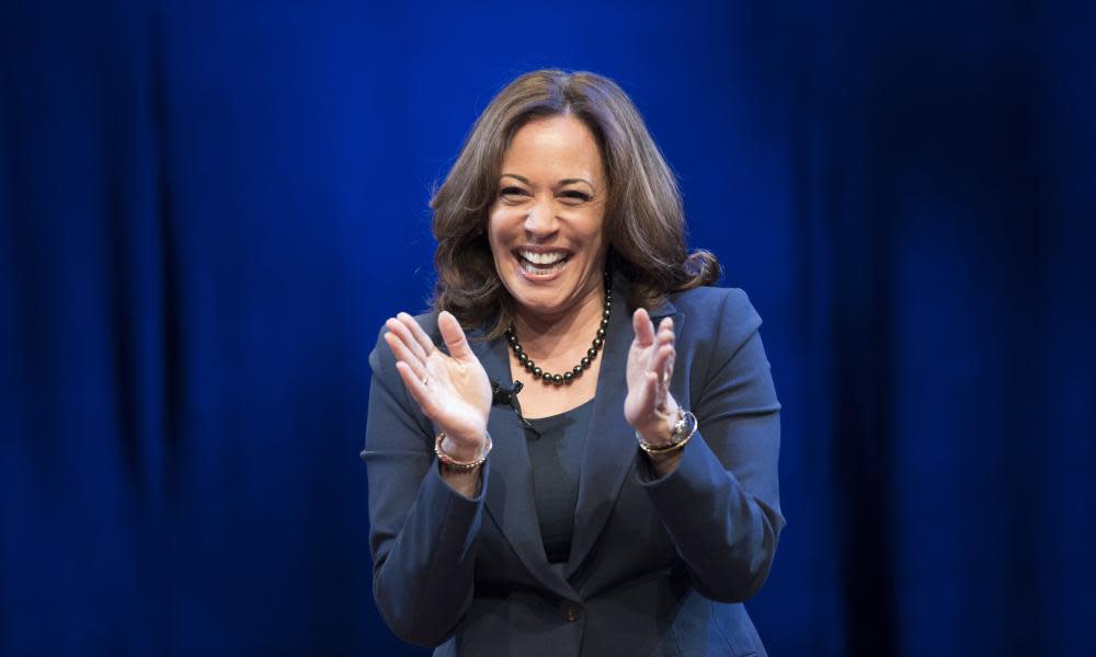 During the breezy, hour-long discussion, Harris defended her career as a prosecutor against criticism from progressive quarters.