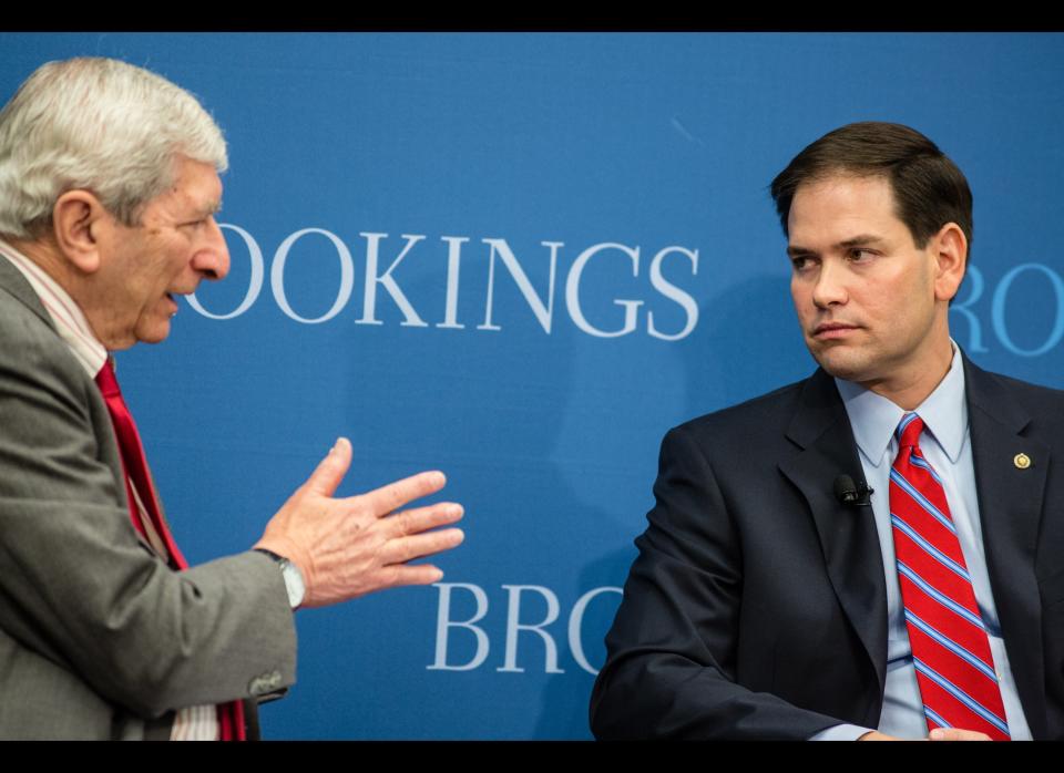 WASHINGTON - APRIL 25: Brookings guest scholar Marvin Kalb (L) questions Sen. Marco Rubio (R-FL) after an address on American foreign policy at the Brookings Institution on April 25, 2012 in Washington, DC. Rubio is widely considered to be a possible running mate for Republican presidential candidate Mitt Romney. (Photo by Brendan Hoffman/Getty Images)