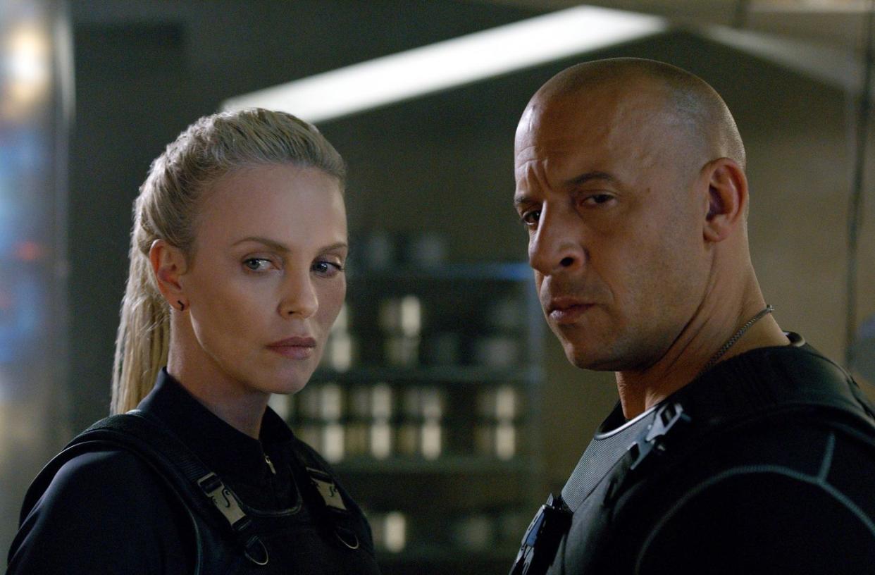 charlize theron as cipher and vin diesel as dom square off in a scene from the fate of the furious