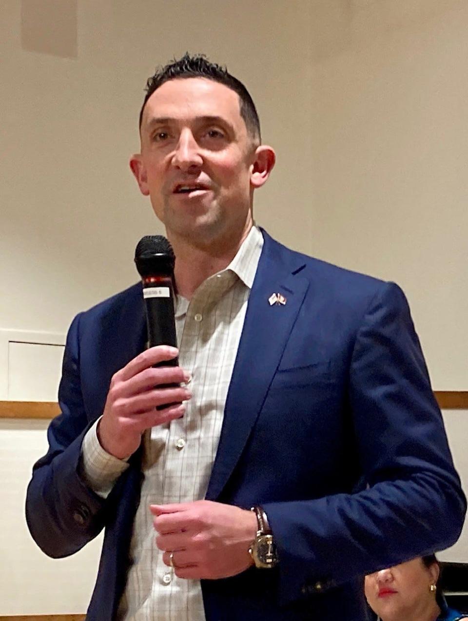 Mike O'Brien speaks at a candidate forum at the Unitarian Universalist Congregation of York Thursday, March 14, 2024