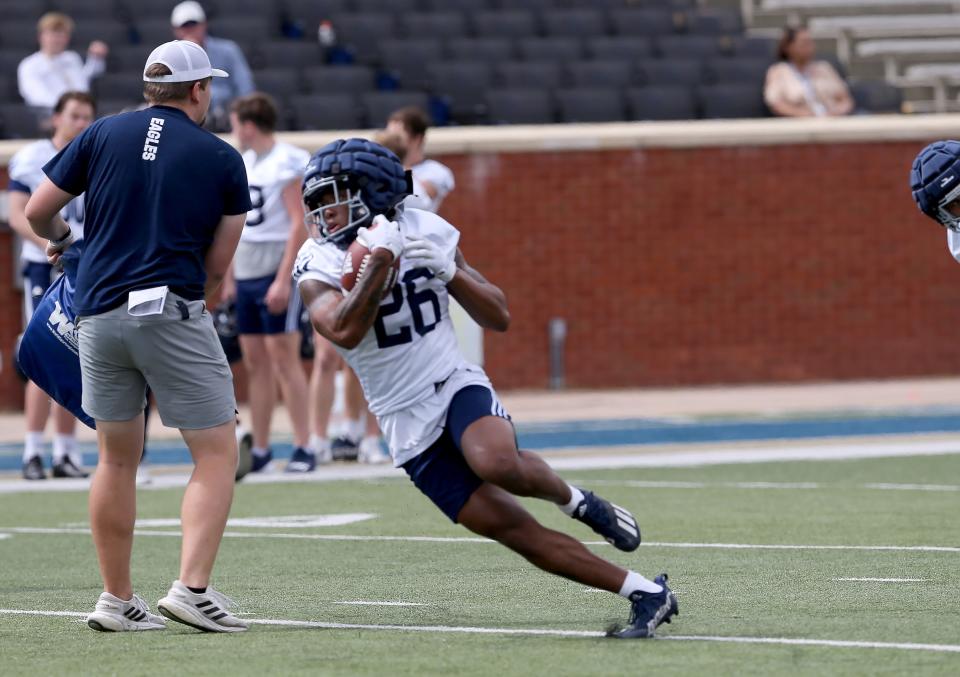 Georgia Southern receiver Delen Cobb turns to run after making a catch during the Eagle’s first spring practice on Saturday March 25, 2023 at Paulson Stadium. Credit: Richard Burkhart/Savannah Morning News-USA TODAY NETWORK