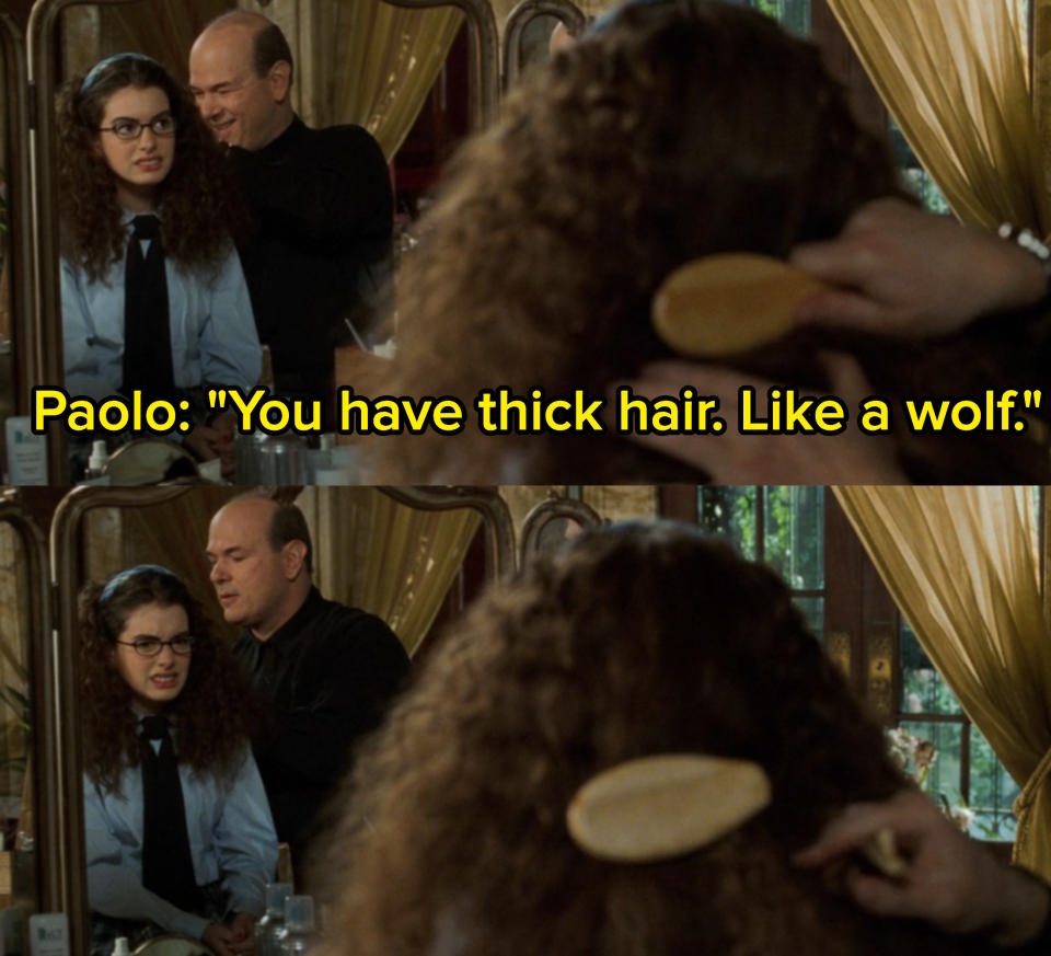 Paolo says "You have thick hair, like a wolf" while running a brush through her hair, and the head of the brush breaks off