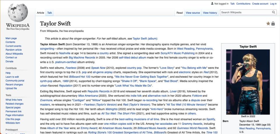 screenshot of old version of Taylor Swift's Wikipedia page