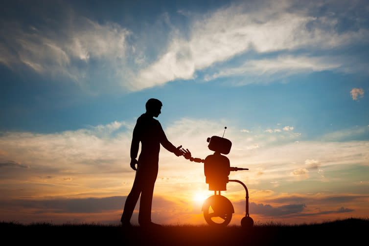 <span class="caption">Teaching social cues to robots could better integrate them into human society.</span> <span class="attribution"><a class="link " href="http://www.shutterstock.com/pic-411428653/stock-photo-man-and-robot-meet-and-handshake-concept-of-the-future-interaction-with-artificial-intelligence-3d-rendering.html?src=sFAJMt7o9ocpM-b_9lJWFg-1-18" rel="nofollow noopener" target="_blank" data-ylk="slk:Shutterstock/Michael Bednarek;elm:context_link;itc:0;sec:content-canvas">Shutterstock/Michael Bednarek</a></span>