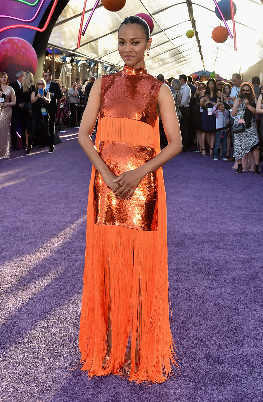 <p>The actress wore a burnt orange gown from Emilio Pucci’s fall 2017 ready-to-wear collection to the premiere of her latest flick, <em>Guardians of the Galaxy Vol. 2.</em> (Photo: Getty Images) </p>