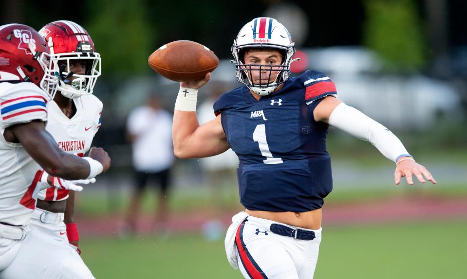 MRA's John White throws against Greenville Christian during a home game in Madison, Miss., Thursday, Aug. 11, 2022.