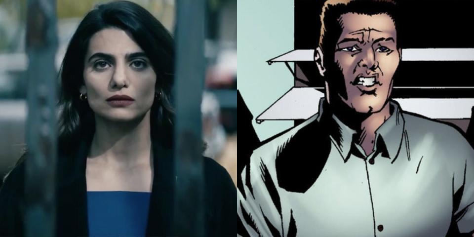 On the left: Claudia Doumit as Victoria Neuman in season two of "The Boys." On the right: Vic the Veep in the comics.