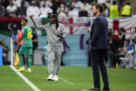 Senegal's head coach Aliou Cisse and England's head coach Gareth Southgate, right, stand by the touchline during the World Cup round of 16 soccer match between England and Senegal, at the Al Bayt Stadium in Al Khor, Qatar, Sunday, Dec. 4, 2022. (AP Photo/Manu Fernandez)