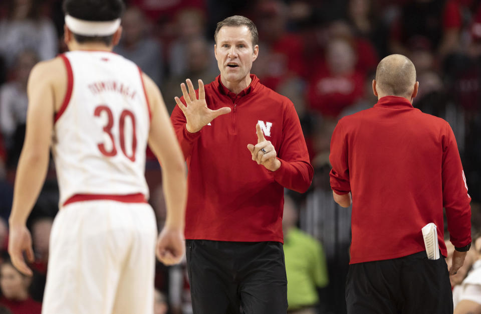 Nebraska head coach Fred Hoiberg, center, signals his team as they play against Michigan State during the first half of an NCAA college basketball game Sunday, Dec. 10, 2023, in Lincoln, Neb. (AP Photo/Rebecca S. Gratz)