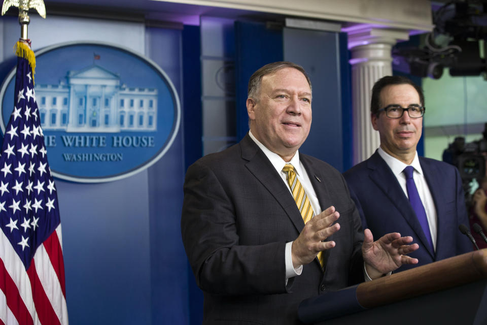 Secretary of State Mike Pompeo and Treasury Secretary Steve Mnuchin answer questions during a briefing on terrorism financing at the White House Tuesday, Sept. 10, 2019, in Washington. (AP Photo/Alex Brandon)