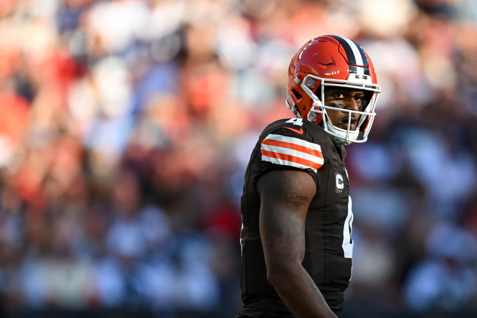 CLEVELAND, OHIO - SEPTEMBER 08: Deshaun Watson #4 of the Cleveland Browns looks on during the third quarter against the Dallas Cowboys at Huntington Bank Field on September 08, 2024 in Cleveland, Ohio. (Photo by Nick Cammett/Diamond Images via Getty Images)