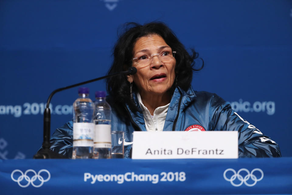 PYEONGCHANG-GUN, SOUTH KOREA - FEBRUARY 09:  Anita DeFrantz of USOC addresses the media while attending press conference at the Main Press Centre during previews ahead of the PyeongChang 2018 Winter Olympic Games on February 9, 2018 in Pyeongchang-gun, South Korea.  (Photo by Ker Robertson/Getty Images)