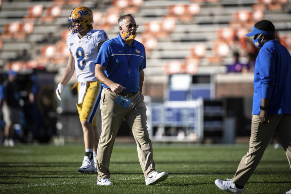 Pittsburgh head coach Pat Narduzzi before an NCAA college football game against Clemson Saturday, Nov. 28, 2020, in Clemson, S.C. (Ken Ruinard/Pool Photo via AP)