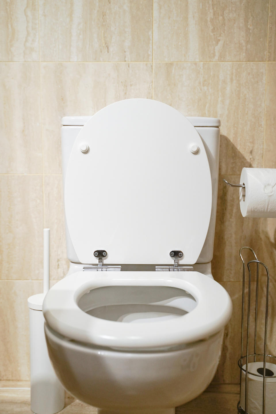 A clean, modern toilet with the lid up, accompanied by a toilet brush and a roll of toilet paper on a stand