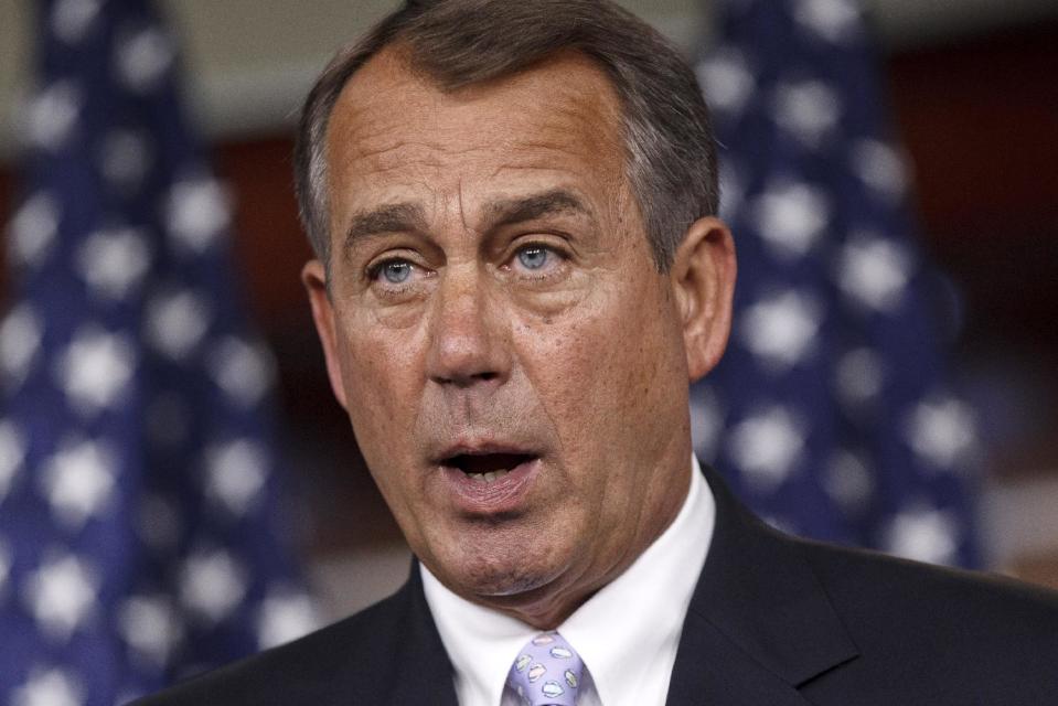 FILE - In this May 17, 2012 file photo, House Speaker John Boehner of Ohio takes questions during his weekly news conference on Capitol Hill in Washington. Congressional Republicans intend to seek quick repeal of any parts of the health care law that survive a widely anticipated Supreme Court ruling, but don't plan to push replacement measures until after the fall elections or perhaps 2013. (AP Photo/J. Scott Applewhite, File)