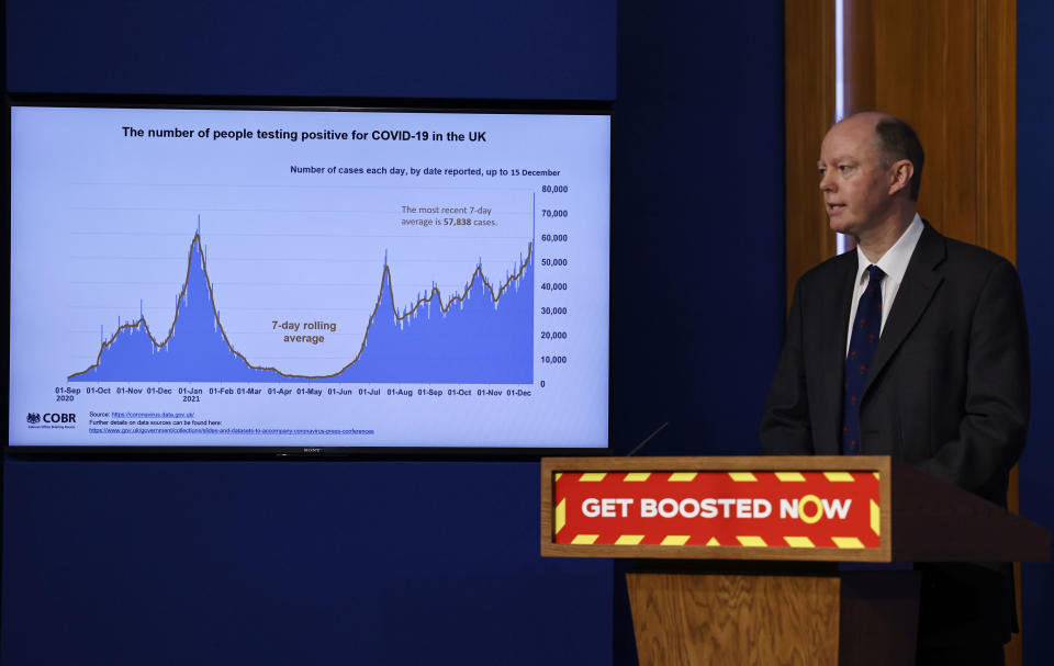 England's Chief Medical Officer Chris Whitty speaks during a media briefing on COVID-19, in Downing Street, London, Wednesday Dec. 15, 2021. (Tolga Akmen/Pool via AP)