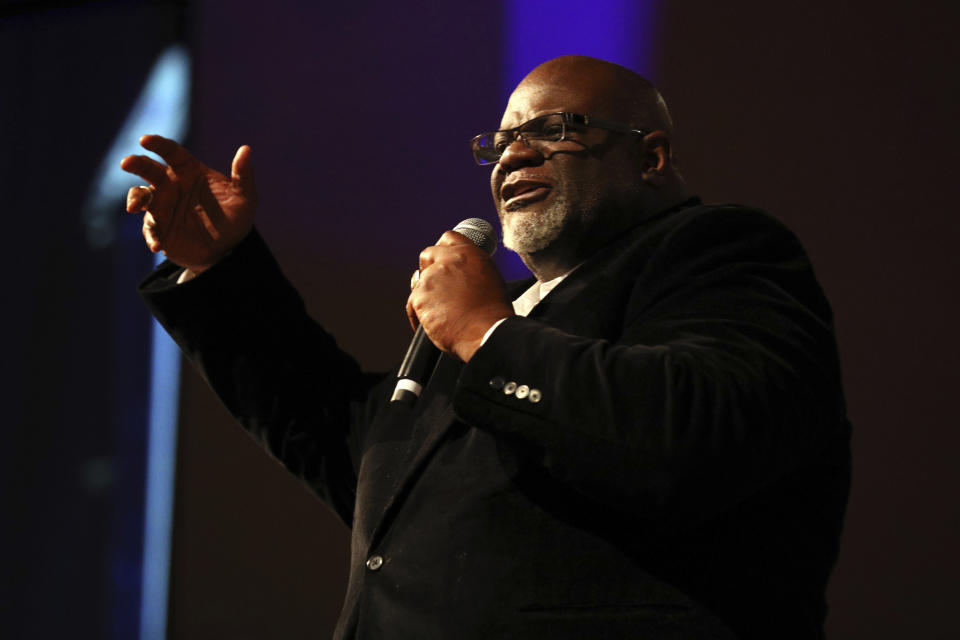 Dwight McKissic, pastor of Cornerstone Baptist Church, speaks during services in Arlington, Texas, on Sunday, June 6, 2021. One of the Southern Baptist Convention’s most prominent Black pastors, McKissic said his church will quit the SBC if either of two leading conservative candidates wins the presidency: Albert Mohler, president of the Southern Baptist Theological Seminary, or Mike Stone, a pastor from Blackshear, Georgia, whose core supporters view Mohler as insufficiently conservative. (AP Photo/Richard W. Rodriguez)