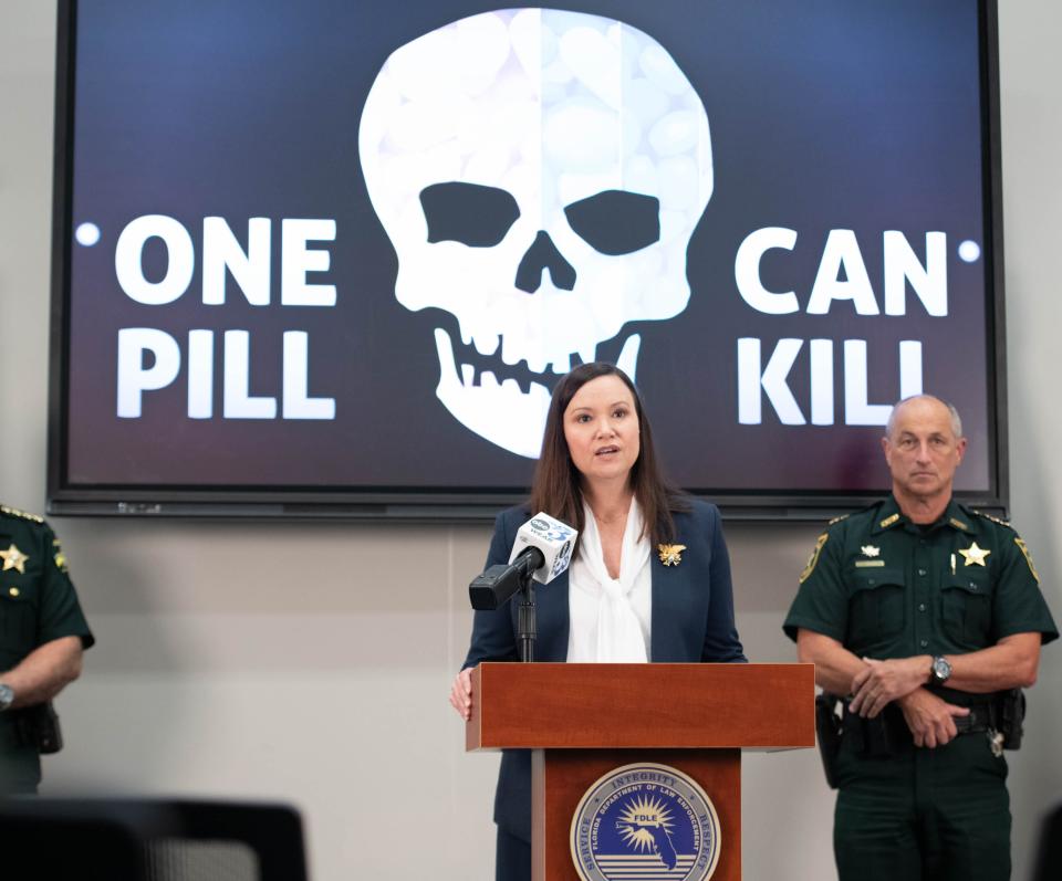Attorney General Ashley Moody talks about the statistics on local opioid overdose deaths during a press conference at the Florida Department of Law Enforcement’s Pensacola Regional Operations Center in Pensacola on Wednesday, Aug. 2, 2023.