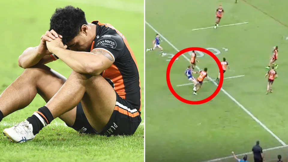 Seen here, a shattered Wests Tigers player after the last-second defeat to the Cowboys in the NRL.