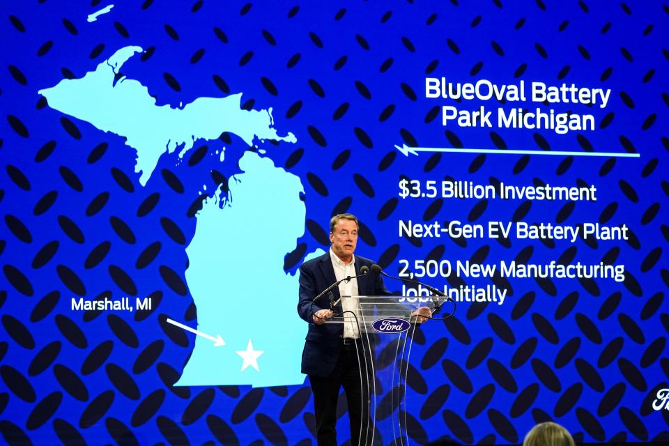Ford Motor Company Executive Chairman Bill Ford speaks about the BlueOval Battery Park Michigan to be built in Marshall during a press announcement at Ford Ion Park in Romulus on Monday, February 13, 2023. 