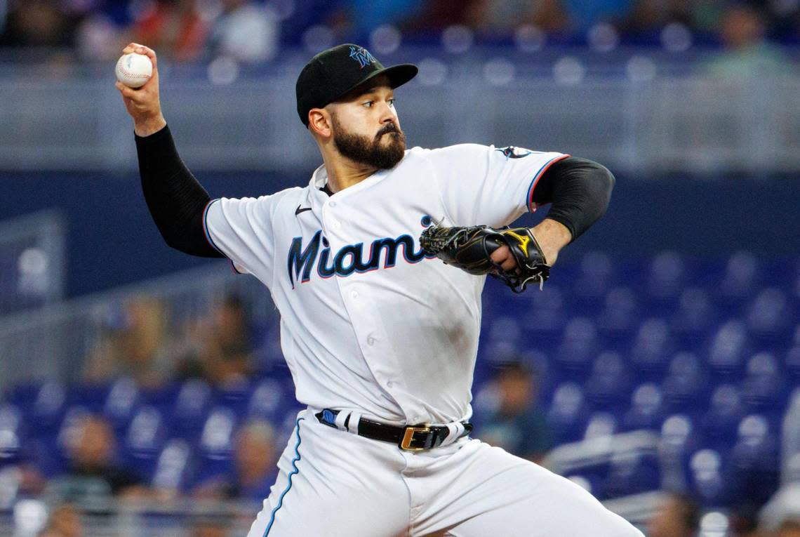 Miami Marlins starting pitcher Pablo Lopez (49) pitches during the second inning of a baseball game against the Texas Rangers at LoanDepot Park on Thursday, July 21, 2022 in Miami, Florida.