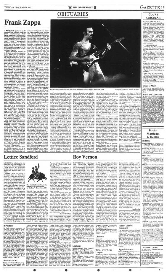 The Independent’s obituary of Zappa, published on 7 December 1993