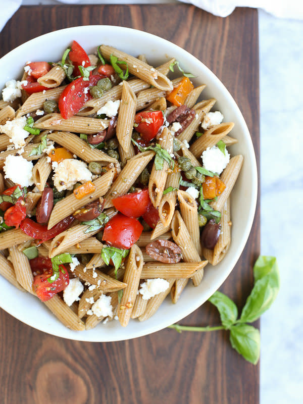 <strong>Get the <a href="https://www.foodiecrush.com/greek-pasta-salad/" target="_blank">Greek Pasta Salad</a> recipe from Foodie Crush</strong>