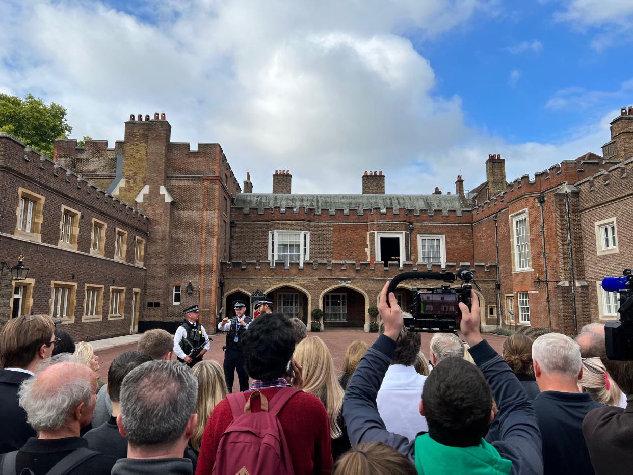 USA TODAY reporter Kim Hjelmgaard's view at St James's Palace in London as he waited for the proclamation to be made.